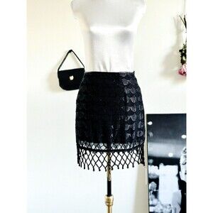 ASTR Black Scallop Fringe High Waist Mini Skirt Sexy Chic S